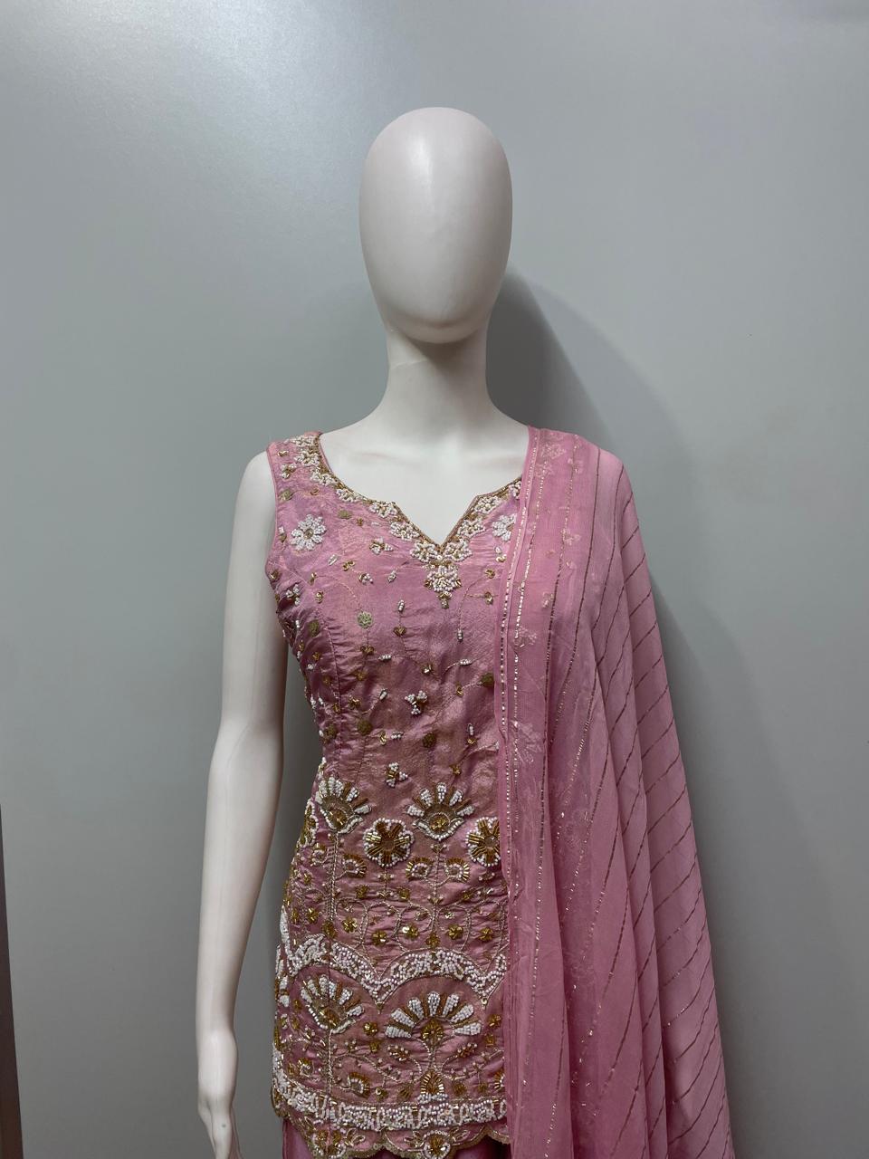 Dusty Rose Gold Embroidered Palazzo Dupatta Set