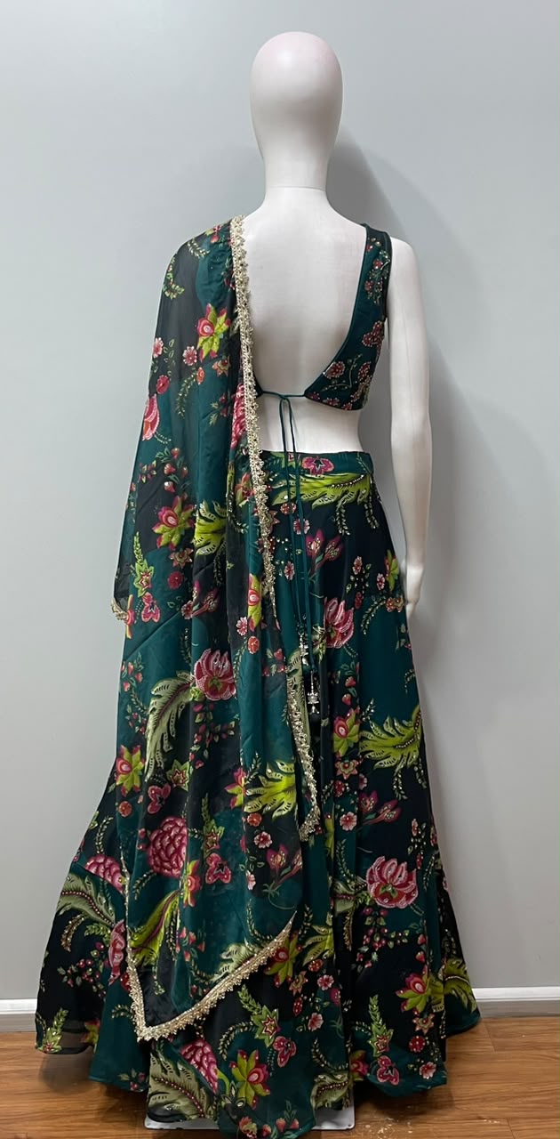 Peacock Teal Floral Embroidered Lehenga Set