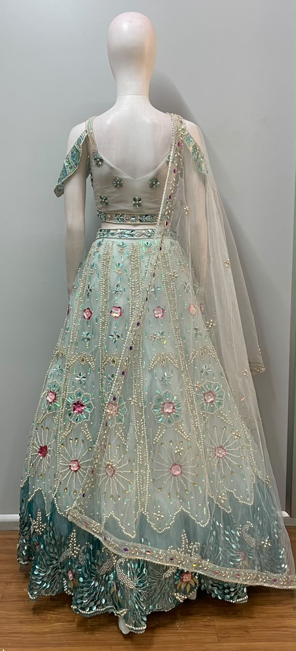 Seafoam Teal Floral Jewel Lehenga Set