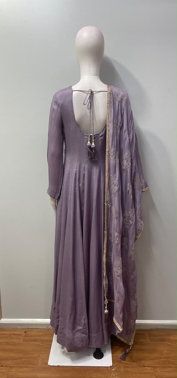 Smoky Lilac Silver Embroidered Anarkali Dupatta Set