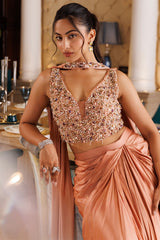 Peach Multicolor Jewel Draped Skirt Set