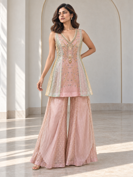 Blush pink palazzo set with a jewel-detailed V-neck kurta and flowing overlay trousers