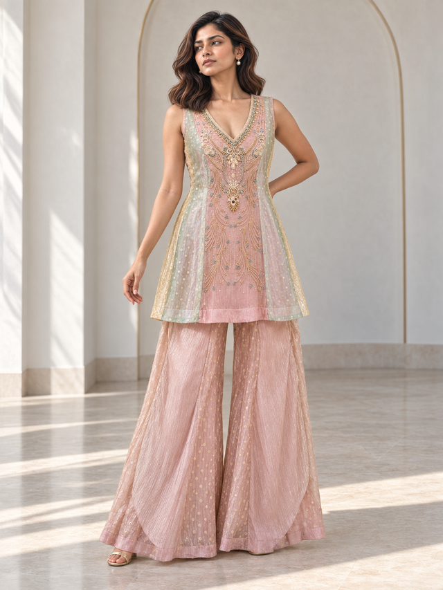 Blush pink palazzo set with a jewel-detailed V-neck kurta and flowing overlay trousers