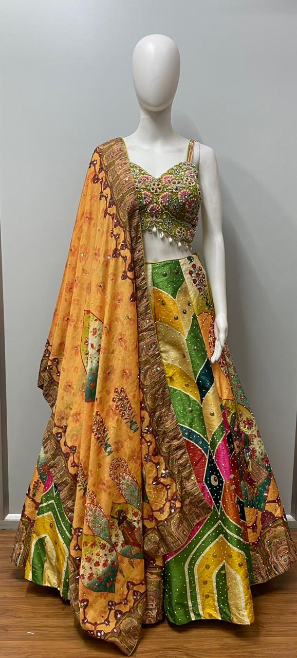 Mustard Green Printed Lehenga Set