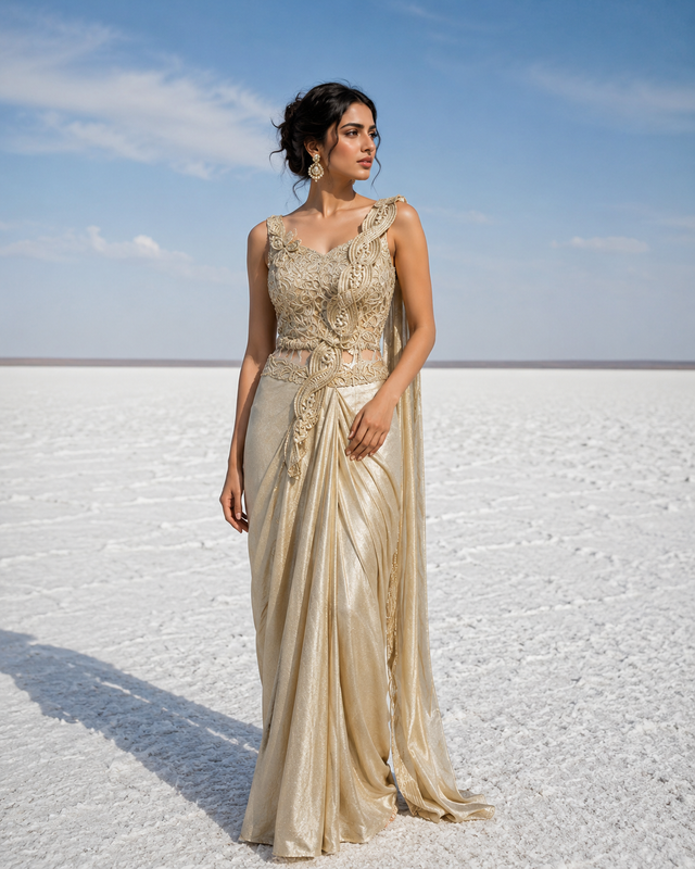 Champagne draped saree with applique work and a matching blouse
