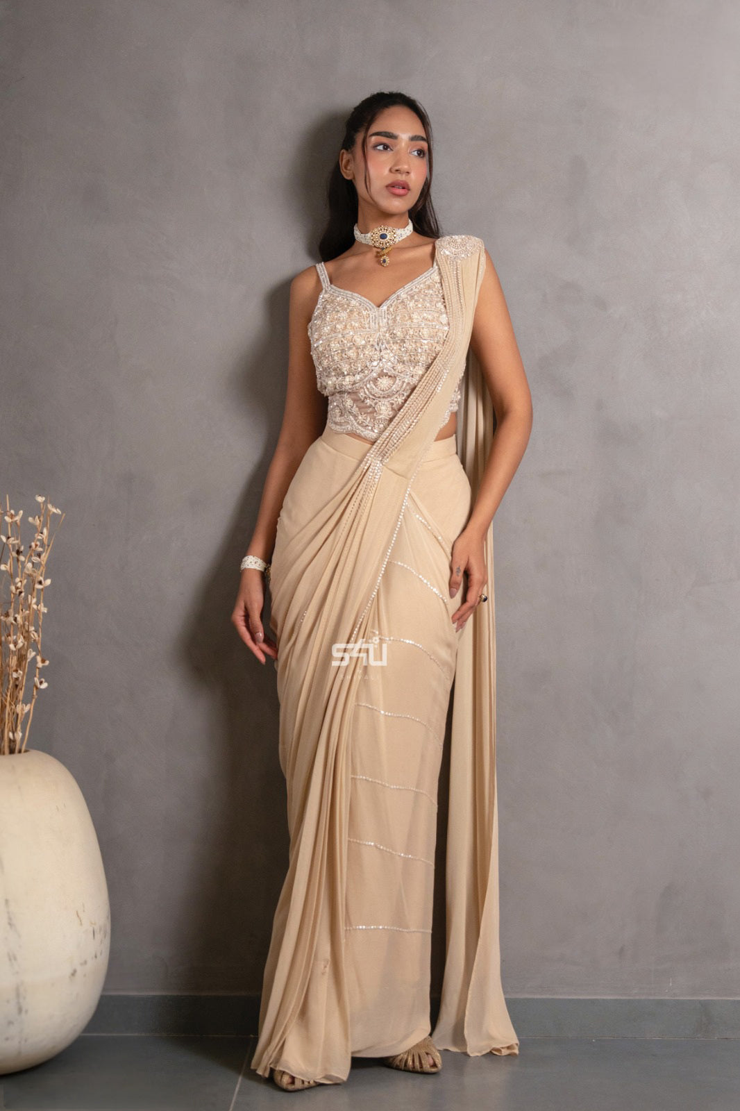 Champagne Pearl Draped Saree Set