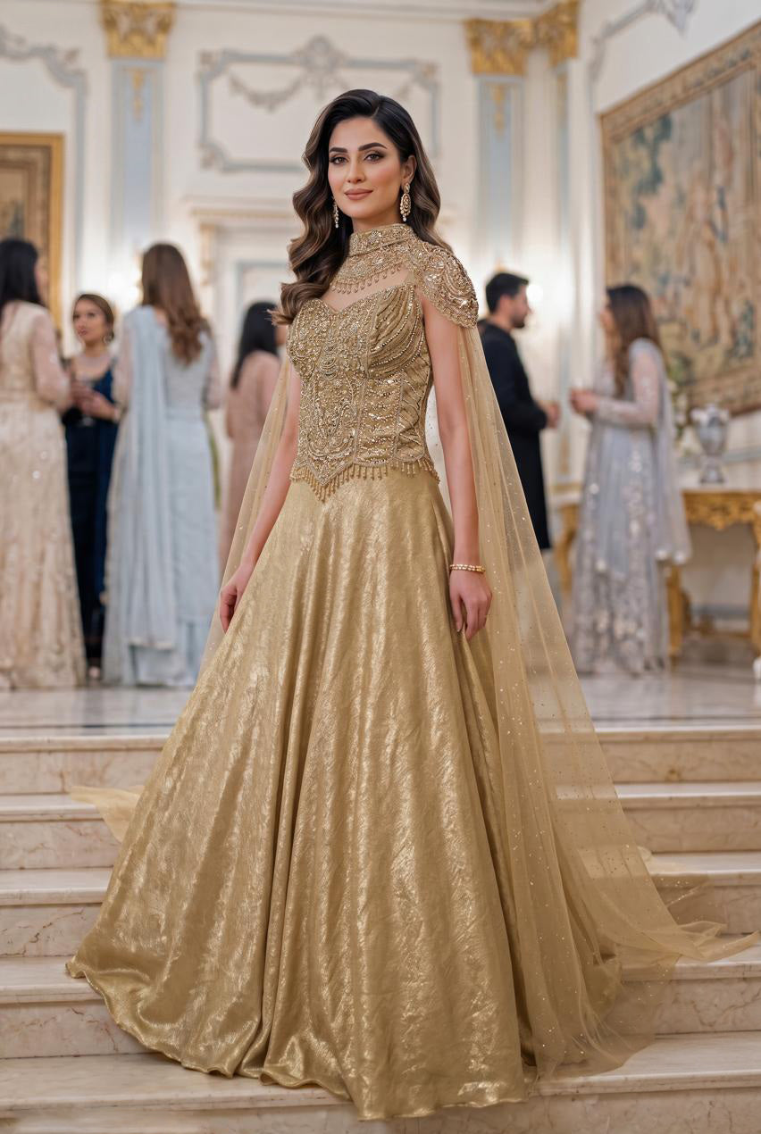 Champagne Gold Embellished Cape Lehenga Set – MishUUU