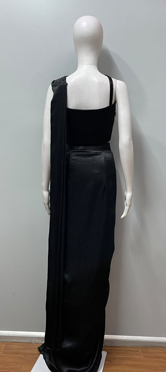 Black Crystal Draped Saree Set