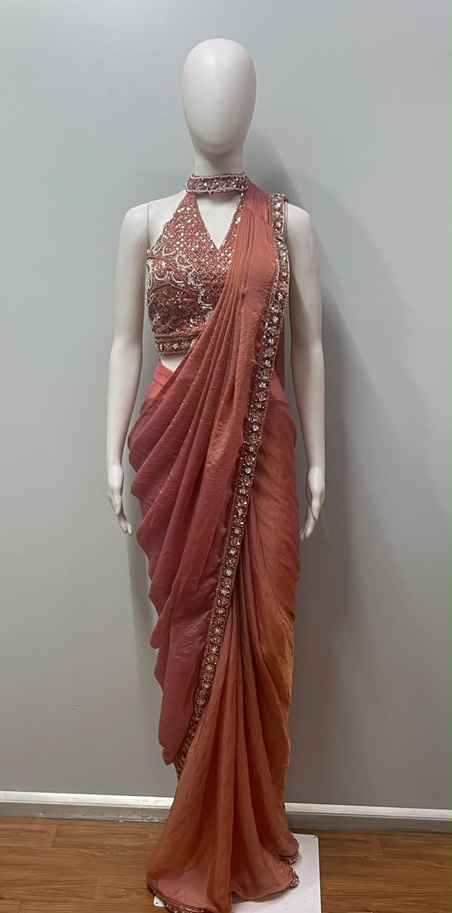 Coral Mirror Draped Saree Set