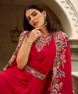 Crimson Multicolor Floral Cape Draped Skirt Set