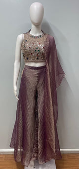 Mauve Gold Jewel Embroidered Palazzo Drape Set