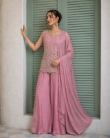 Dusty Rose Gold Embroidered Palazzo Dupatta Set