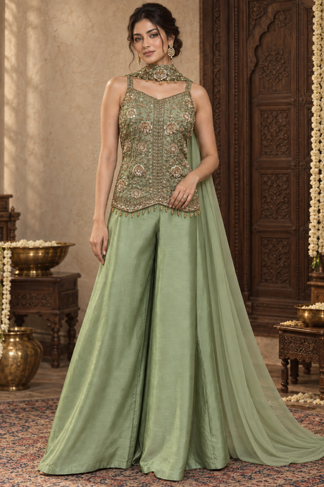 Sage green palazzo set with antique gold floral work and a matching sheer drape
