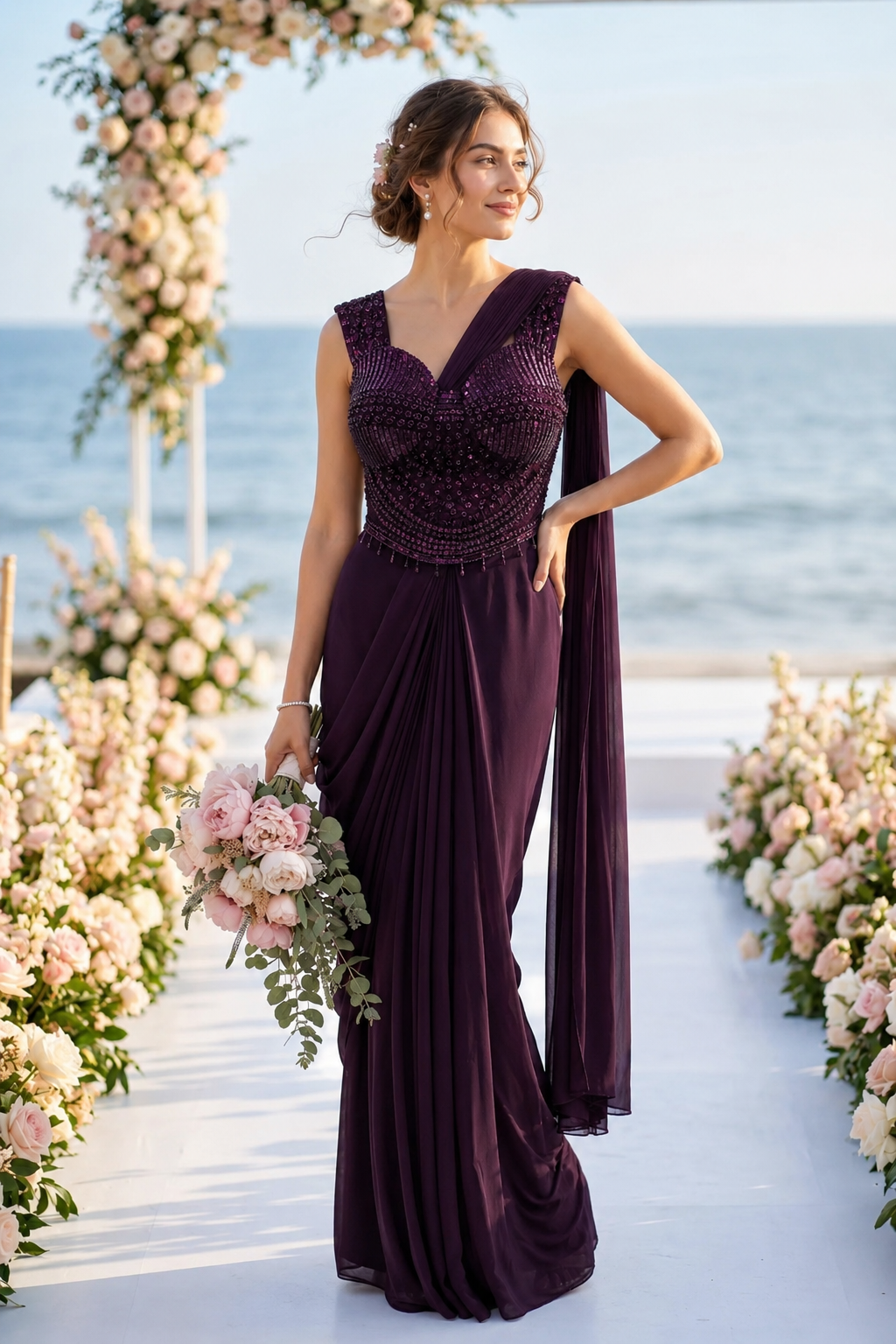 Plum Mirror Draped Saree Set