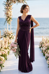 Plum Mirror Draped Saree Set