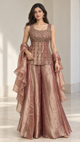 Rose taupe palazzo set with dense antique gold beadwork and sequin detail