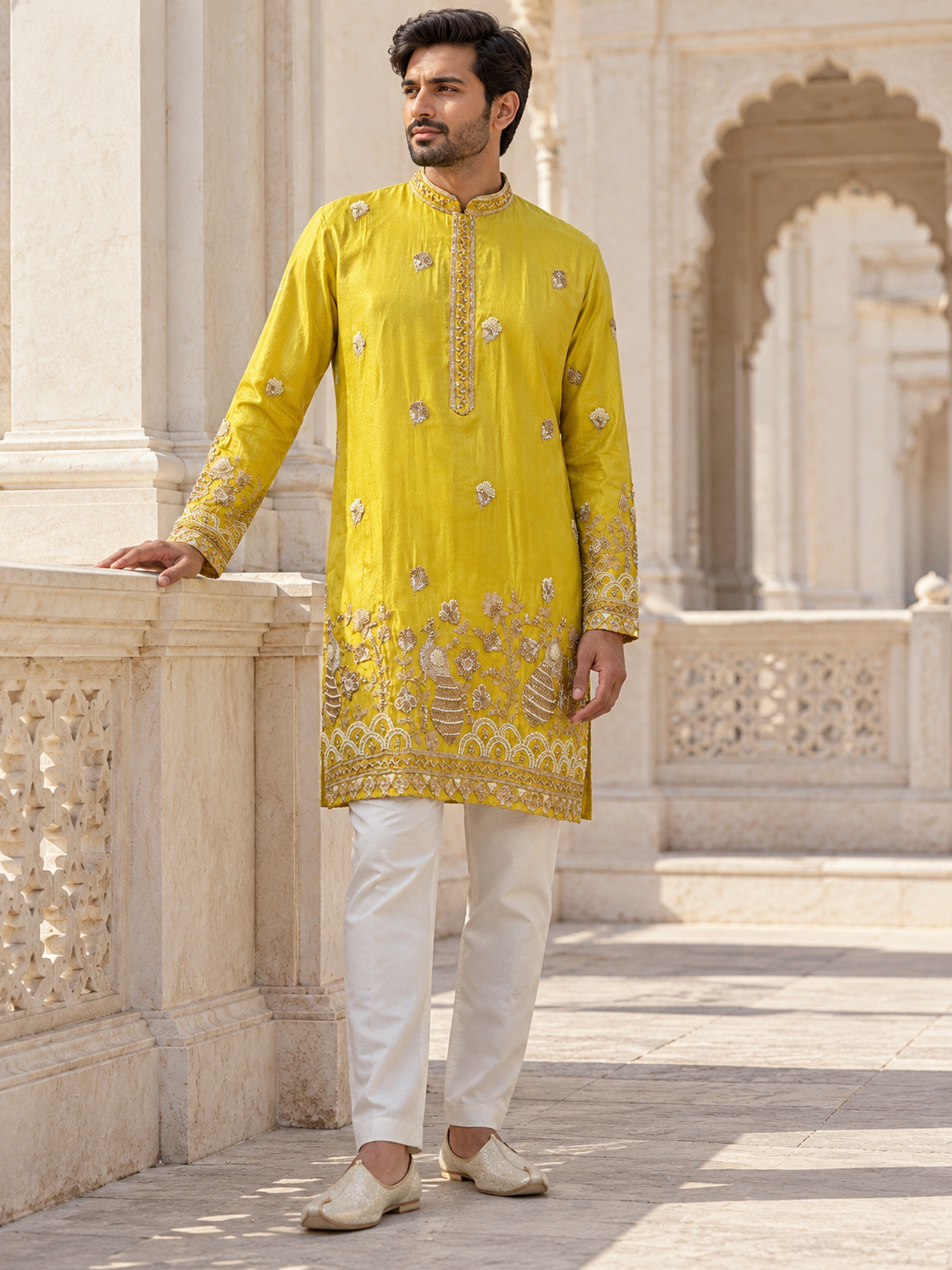 Chartreuse yellow men's kurta with gold peacock motifs and band collar