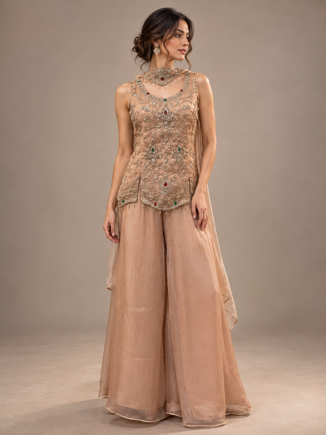 Peach Gold Jewel Palazzo Set