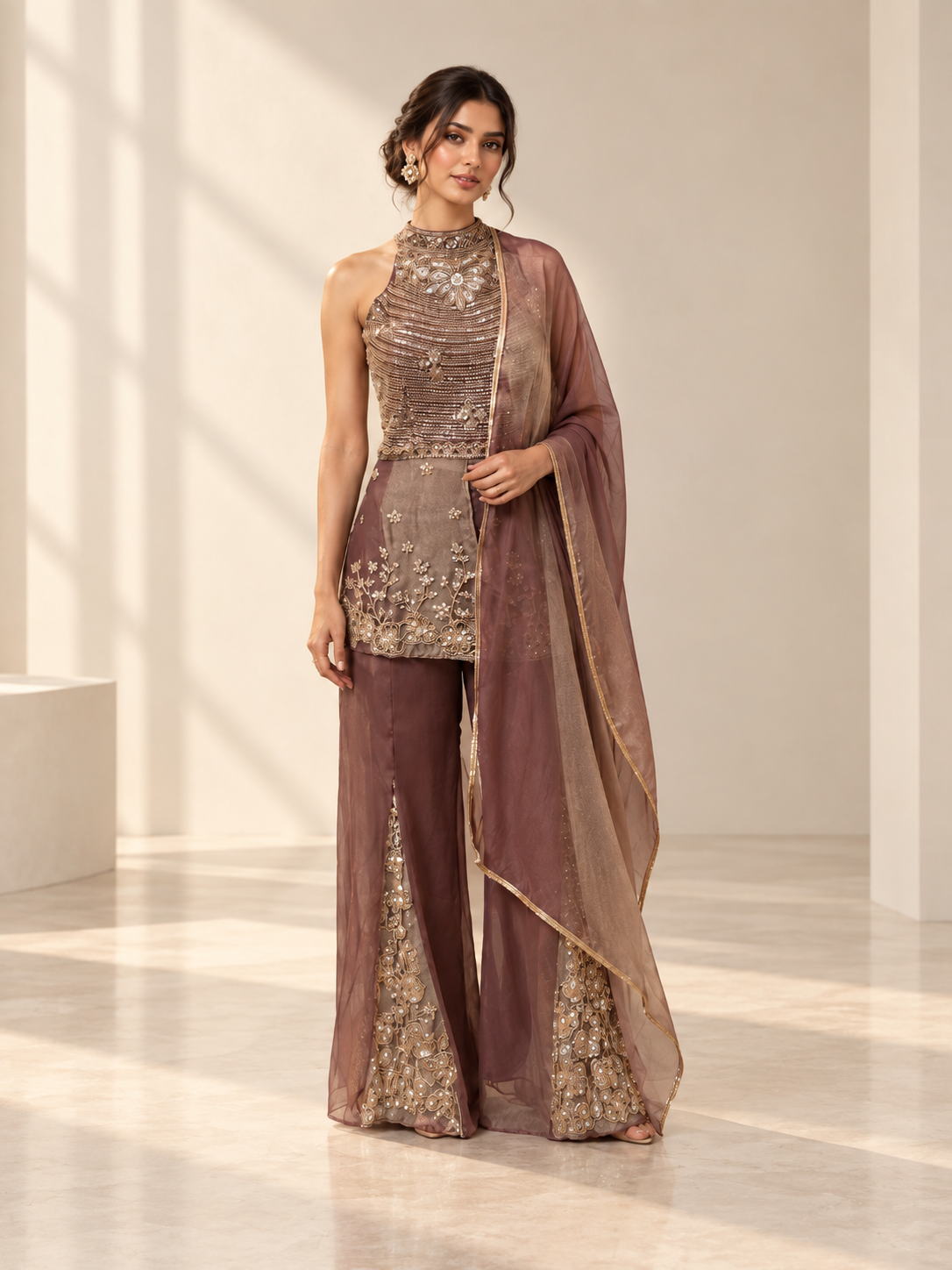 Smoky Taupe Antique Gold Halter Palazzo Set