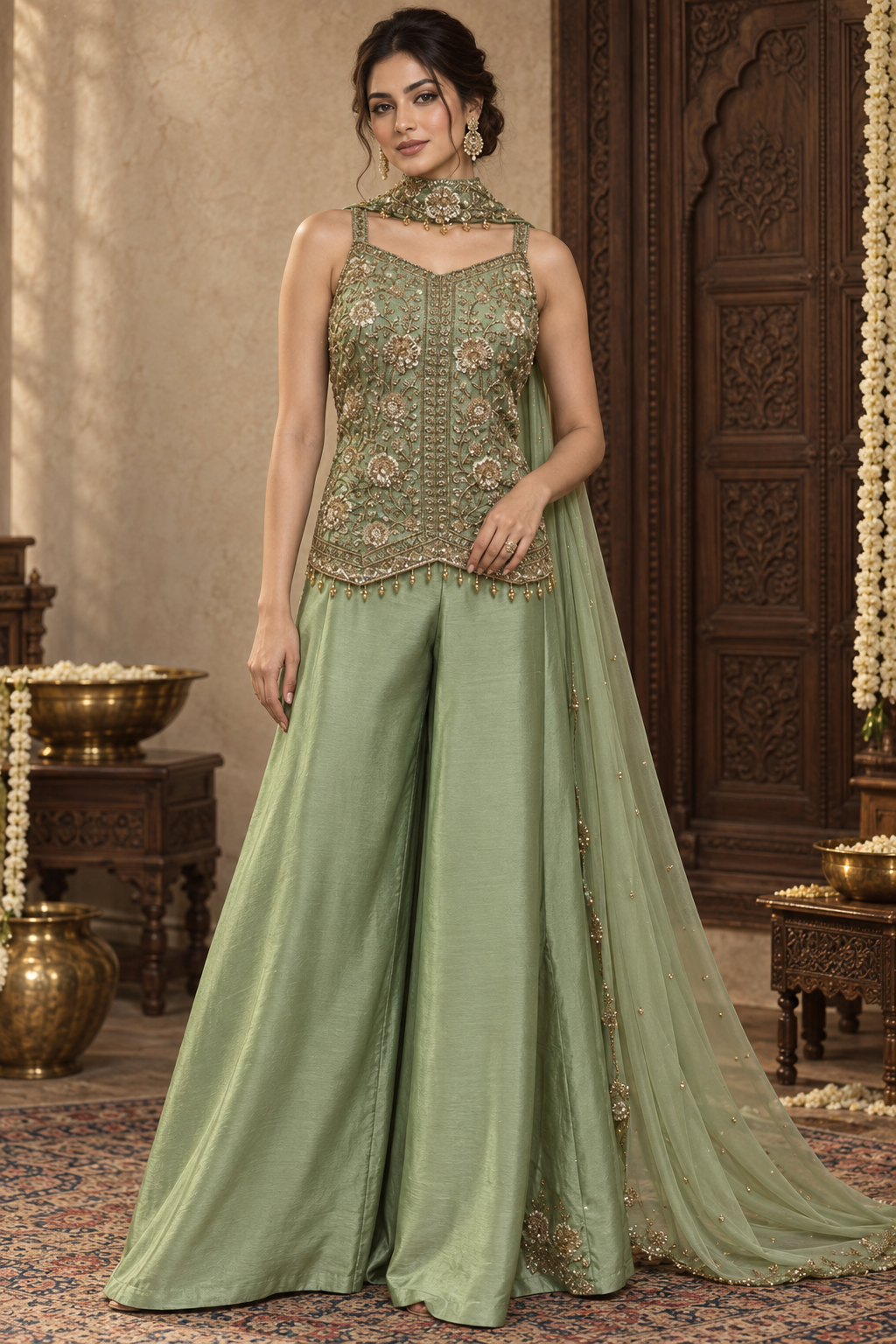 Sage Green Antique Gold Floral Palazzo Set