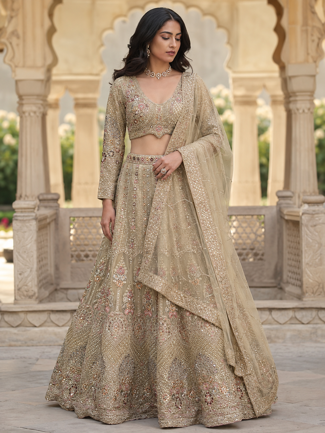 Champagne Rose Mirrorwork Couture Lehenga Set