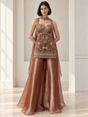 Copper rose palazzo set with antique gold floral jewel embroidery