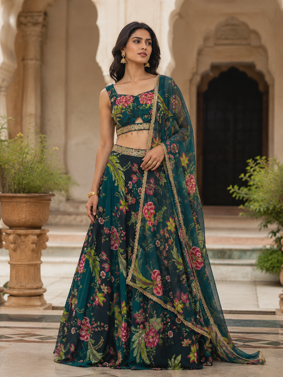Peacock Teal Floral Embroidered Lehenga Set