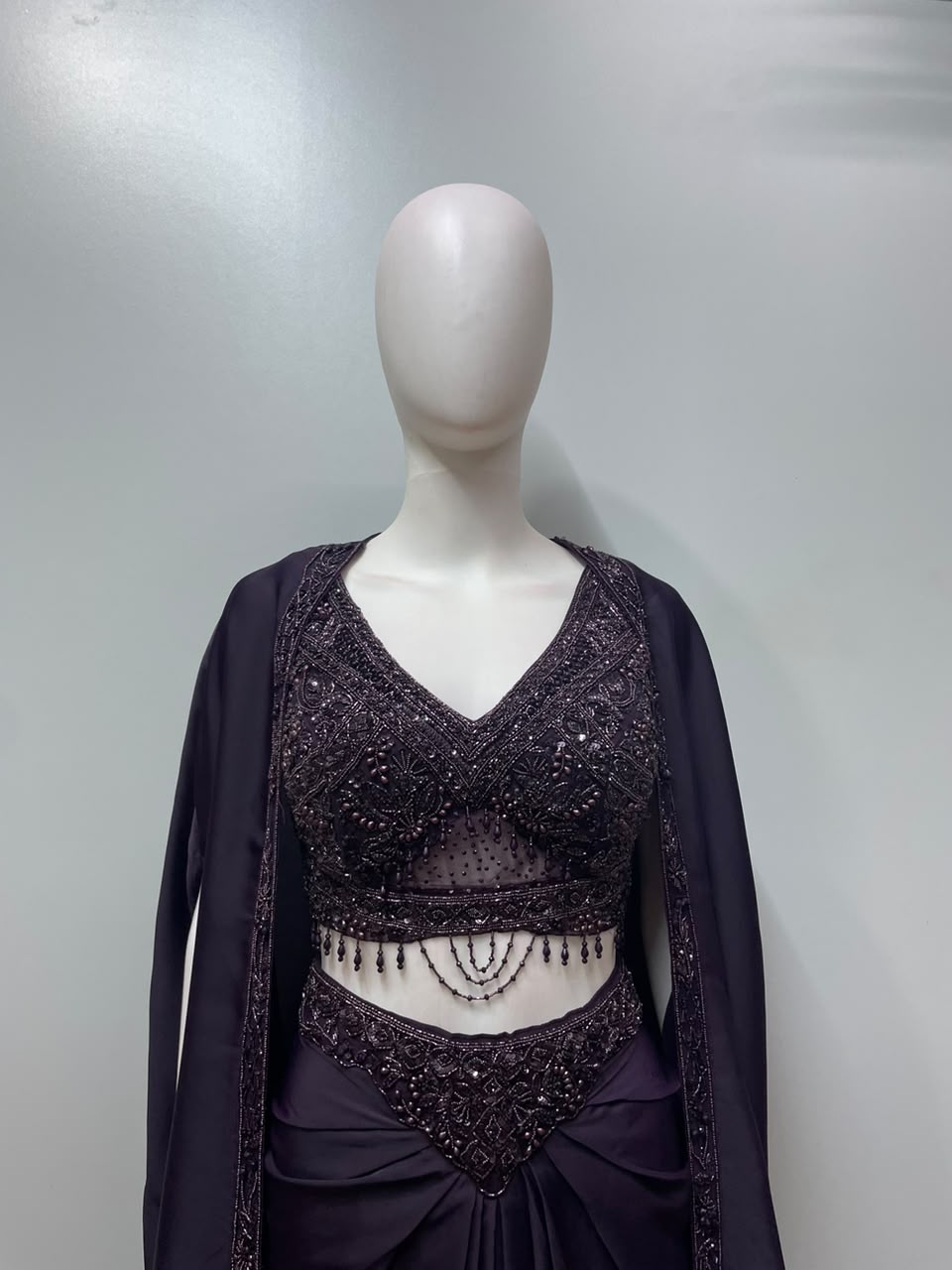 Midnight Plum Crystal Draped Saree Cape Set