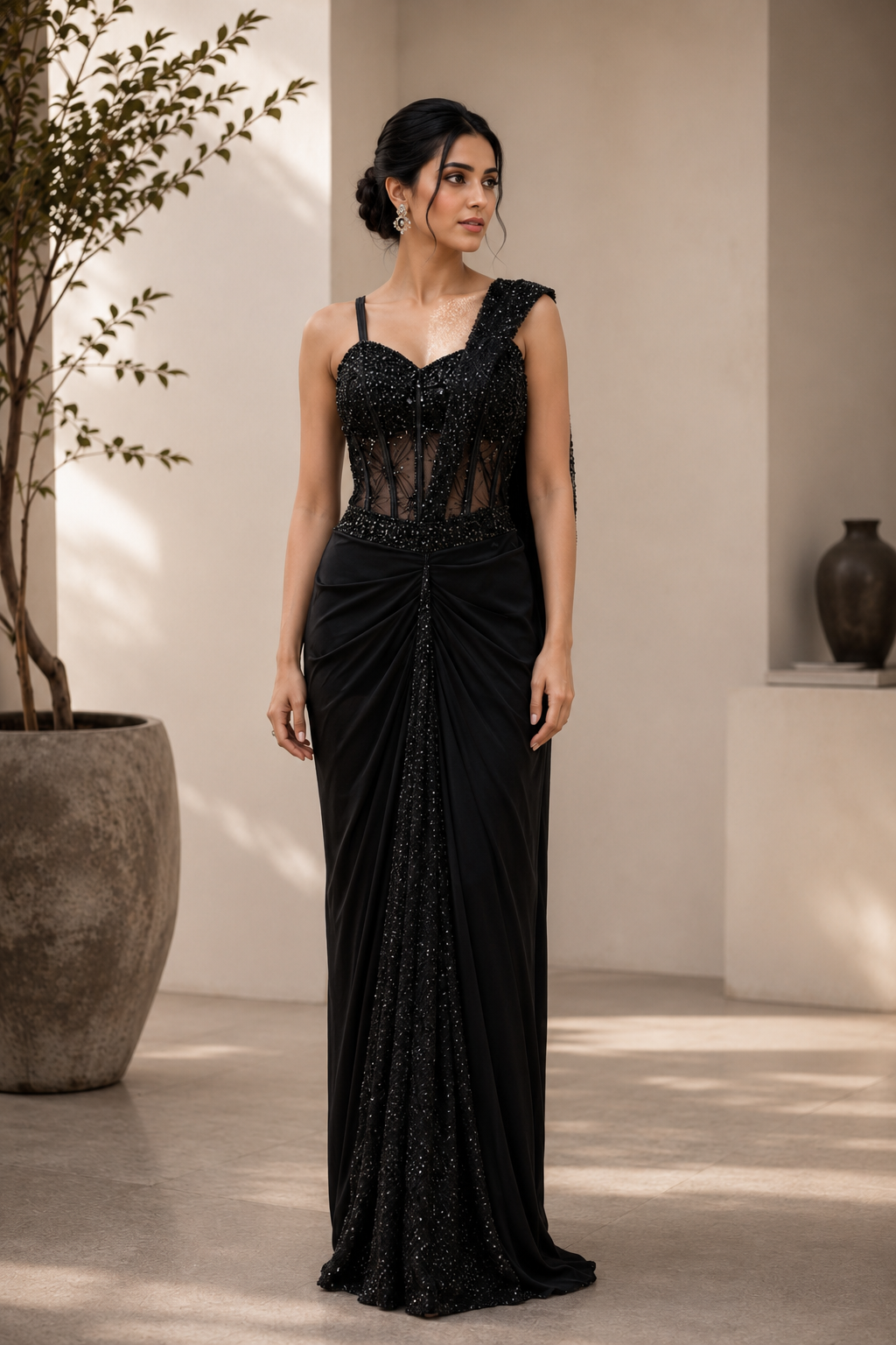 Black Crystal Draped Saree Set