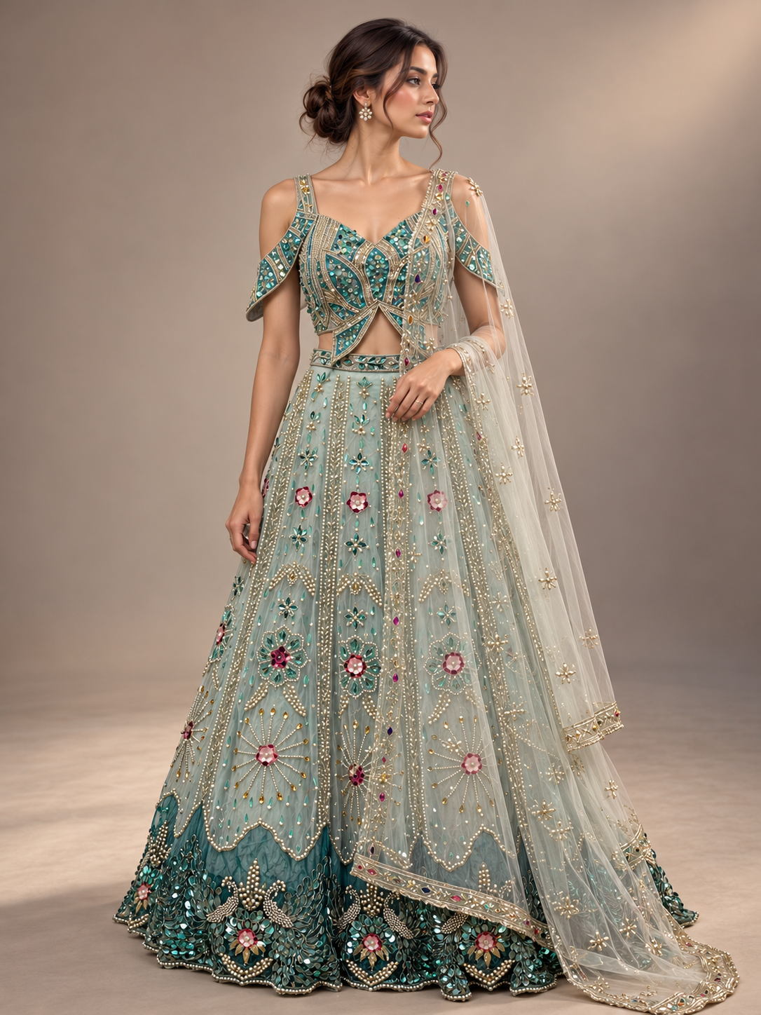 Seafoam Teal Floral Jewel Lehenga Set