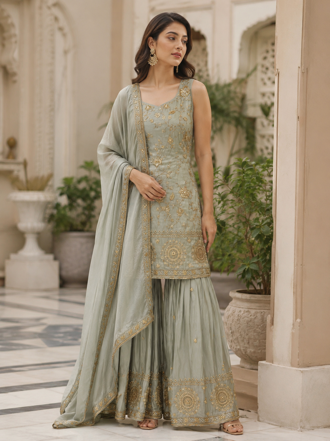 Silver Sage Gold Embroidered Sharara Couture Ensemble