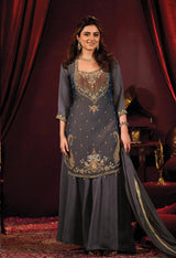 Charcoal Grey Embroidered Gharara Set