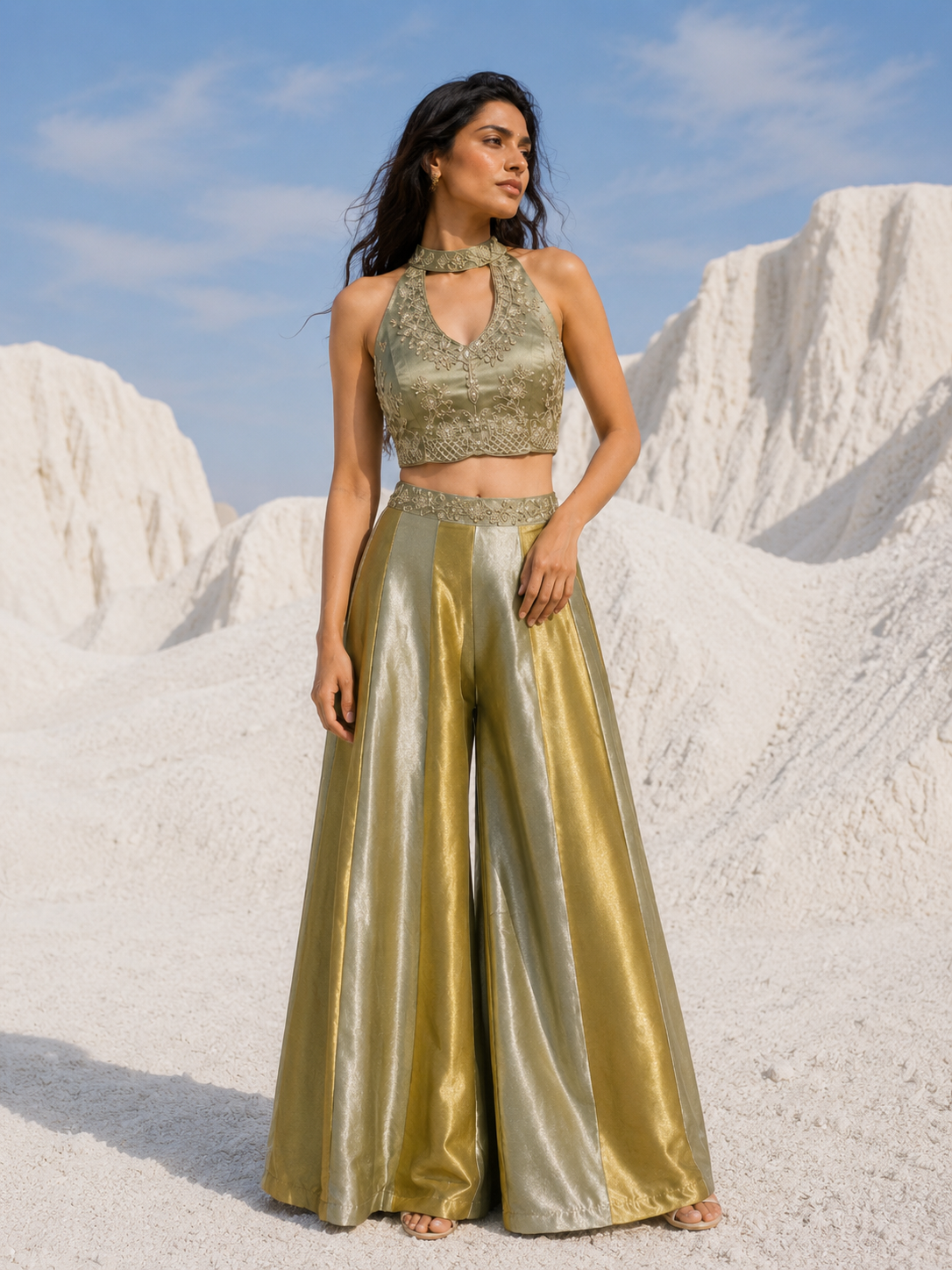 Sage kurta with gold embroidery and matching palazzo trousers