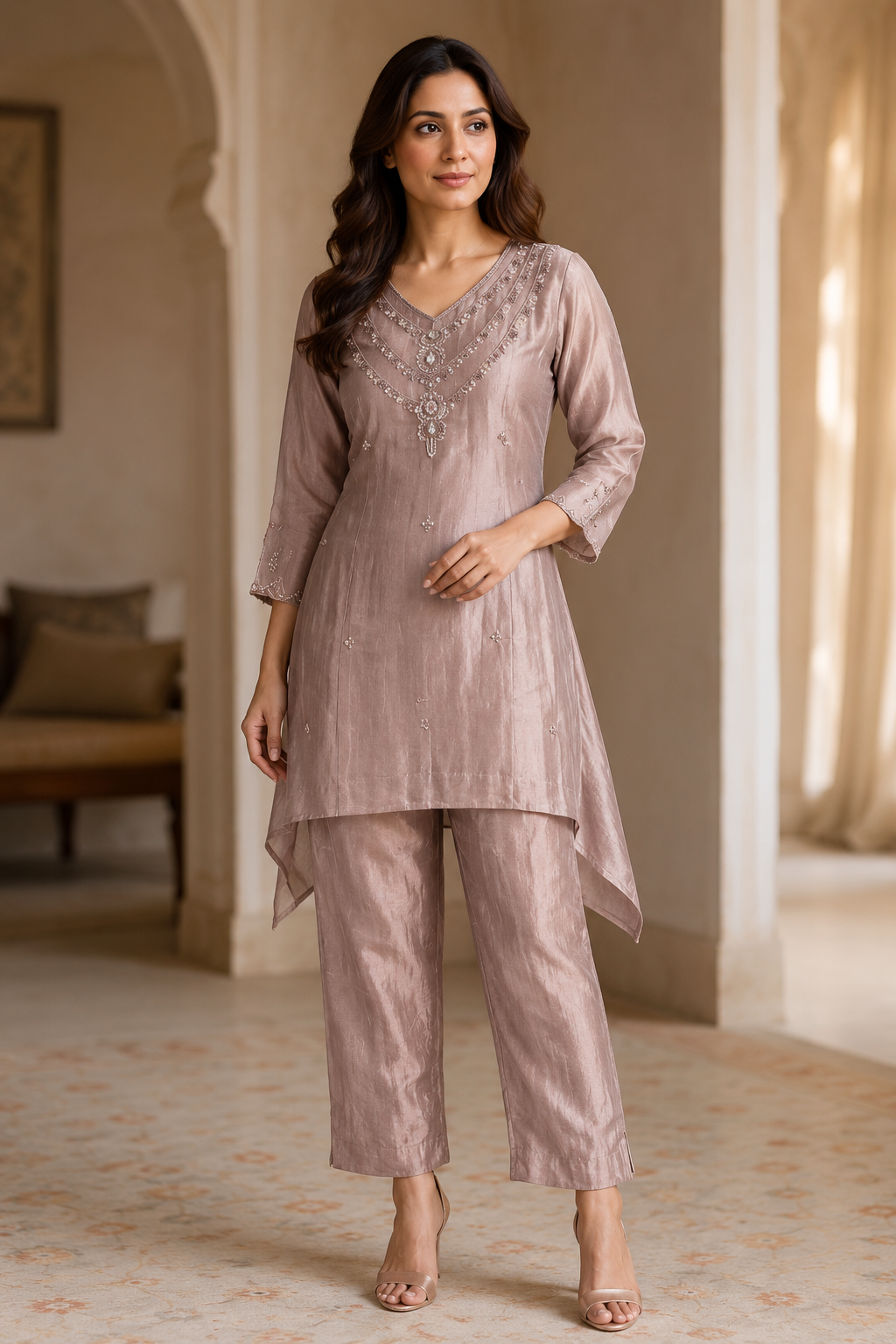 Taupe Pearl Embroidered Pant Set