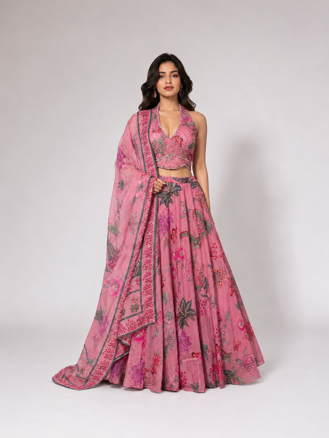 Rose Pink Floral Printed Lehenga Ensemble