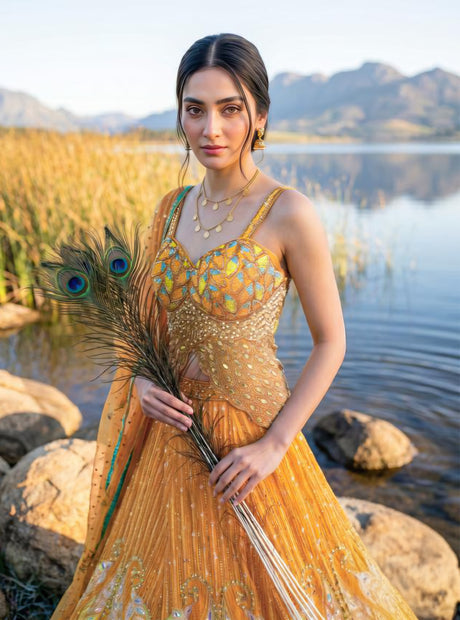 Tangerine Peacock Mirror Lehenga Ensemble