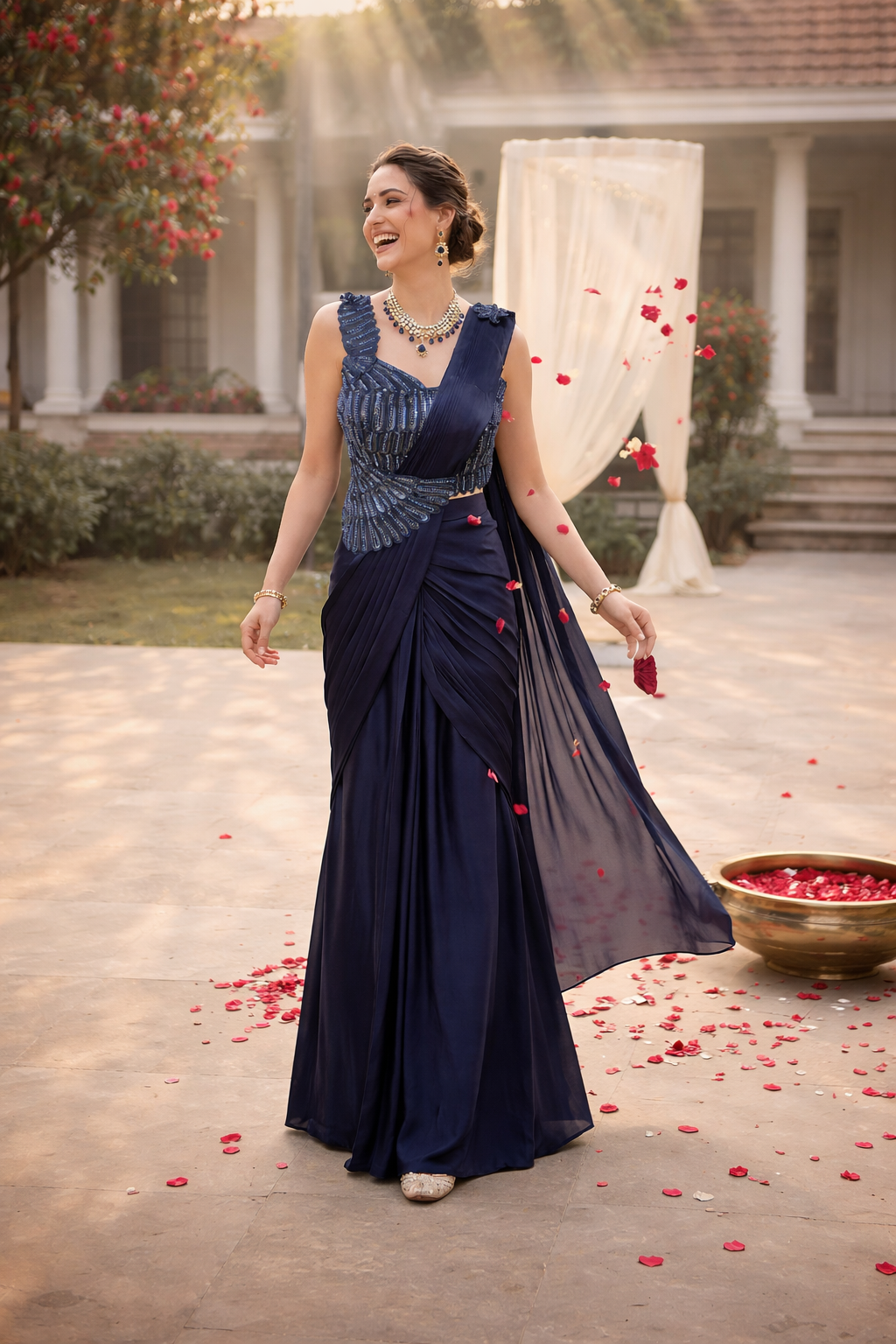 Midnight Blue Draped Saree Luxe Set