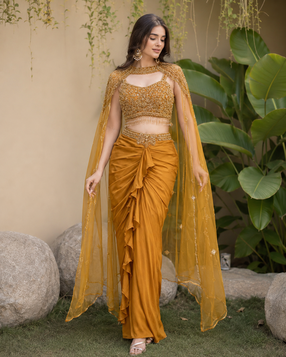 Mustard Gold Draped Saree Cape Set