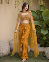 Mustard Gold Draped Saree Cape Set