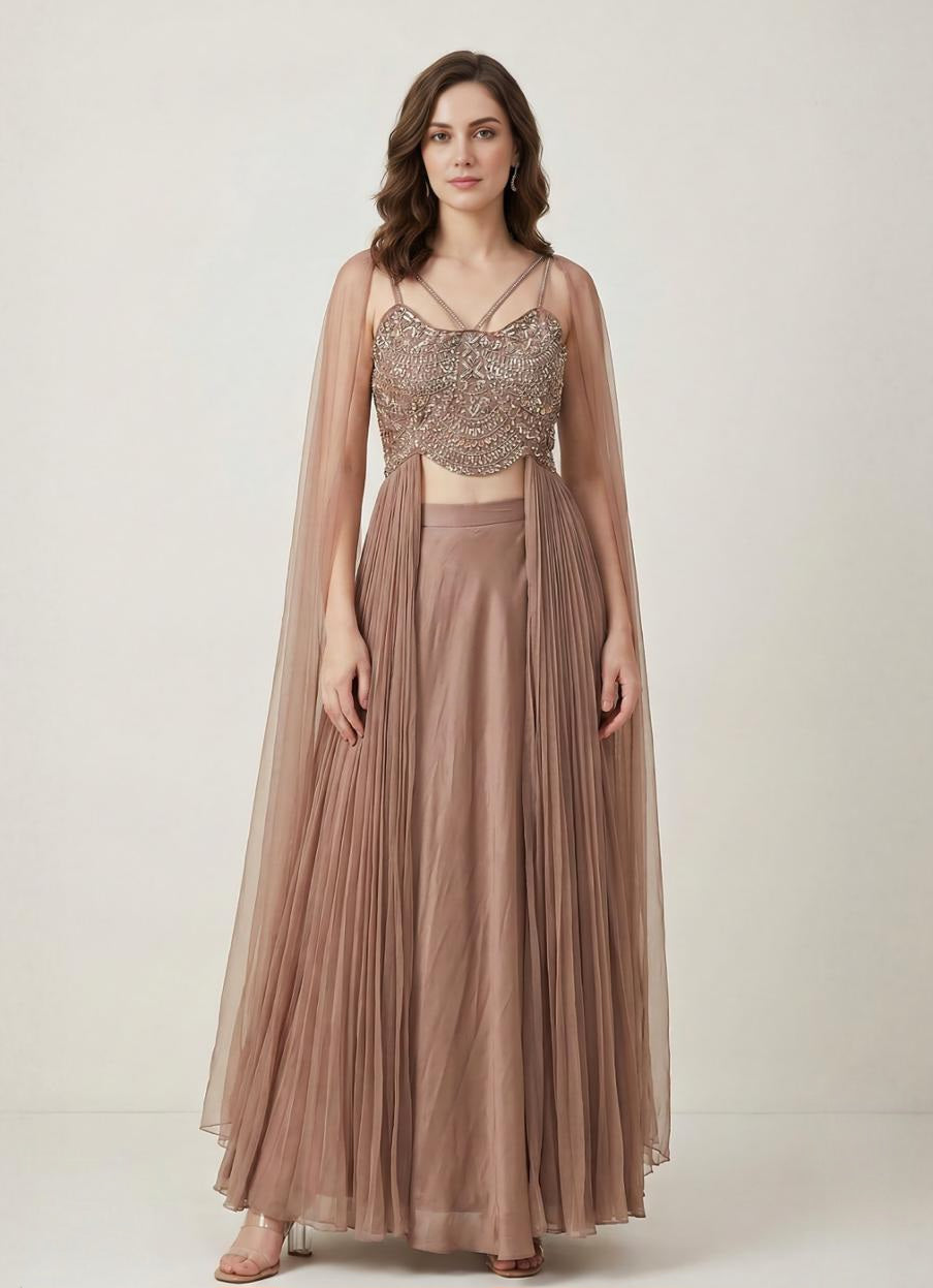 Mocha Drape Embellished Luxe Skirt Set