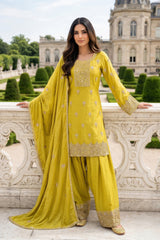 Chartreuse Gold Embroidered Palazzo Couture Set