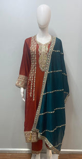 Orange Teal Embroidered Kurta Set