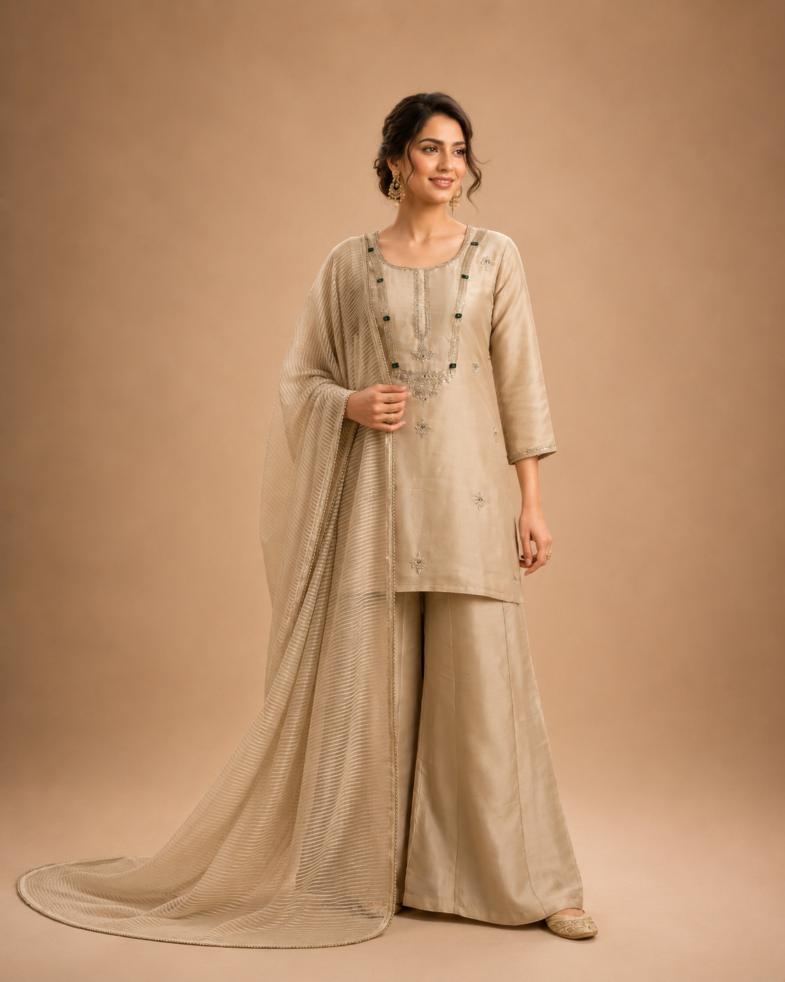 Champagne Beige Jewel Palazzo Suit Set