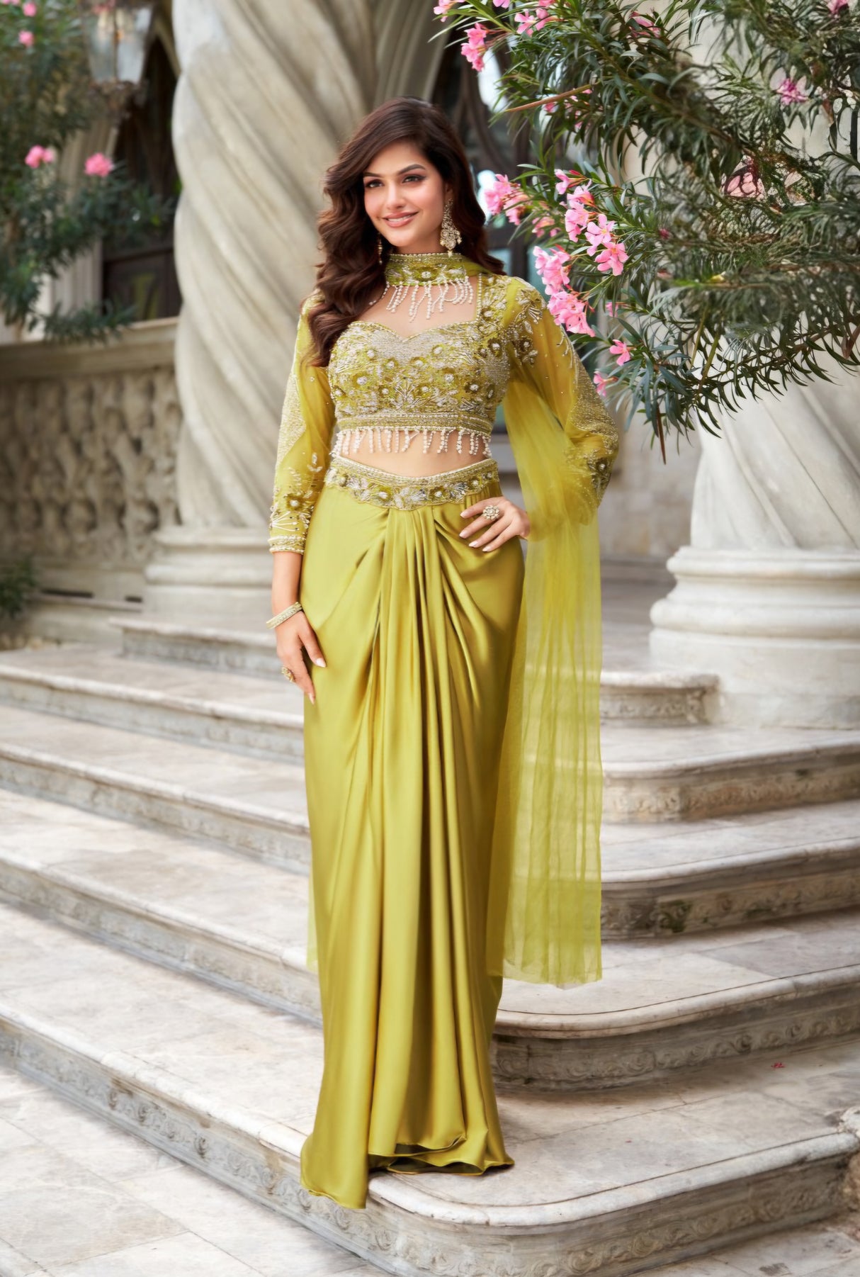 Olive Gold Draped Saree Set