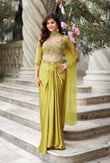 Olive Gold Draped Saree Set