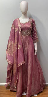 Floor-length dusty rose Anarkali with a flared hem