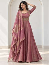 Dusty rose Anarkali with antique gold beadwork and a jewelled empire waist