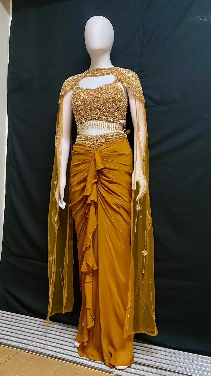 Mustard Gold Draped Saree Cape Set