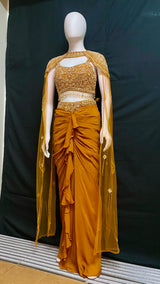 Mustard Gold Draped Saree Cape Set