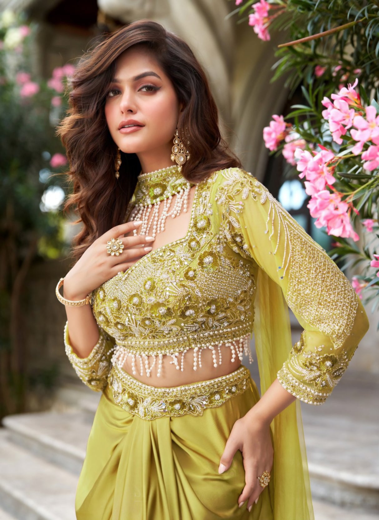 Olive Gold Draped Saree Set